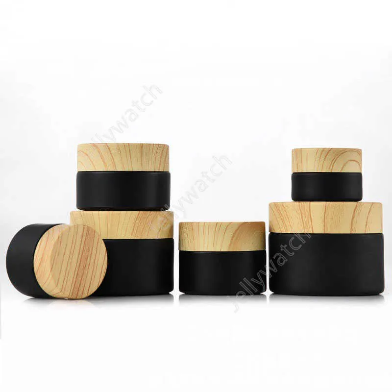 Frascos de vidro fosco preto frascos cosméticos com peitas de plástico Woodgrain PP Liner 5G 10G 15G 20G 30 50G Lip Balm Creme recipientes DAL171