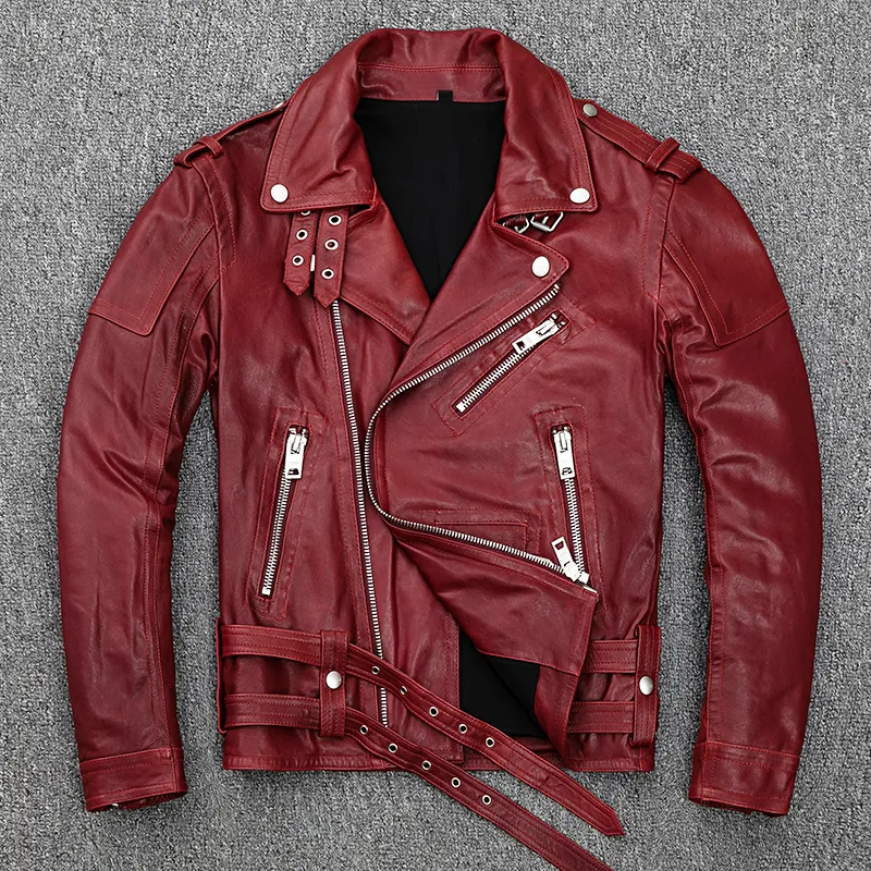 Primavera 100% Genuine Genuine Softkin Bronzeado Jaqueta De Couro Mens Vinho Red Motorcycle Jackets Masculino Motor Roupas Roupas Motociclista Casaco