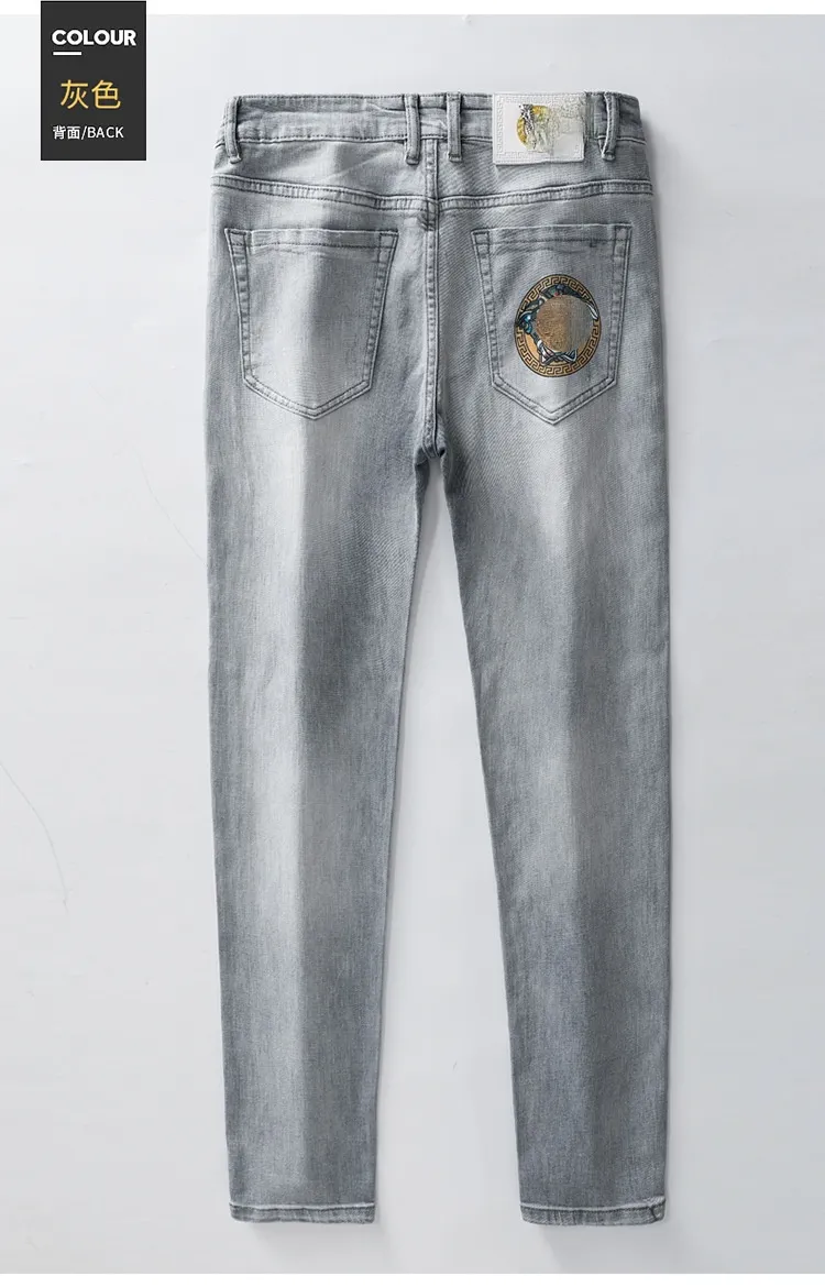 Роскошные моды джинсы мужские тонкие стрейч напечатанные досуг серые связанные ноги брюки