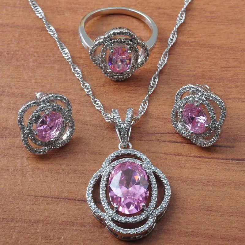 Boucles d'oreilles collier luxe couleur argent ensembles de bijoux pour femmes mariage rose zircone pendentif anneaux ensemble Brithday cadeau JS0635