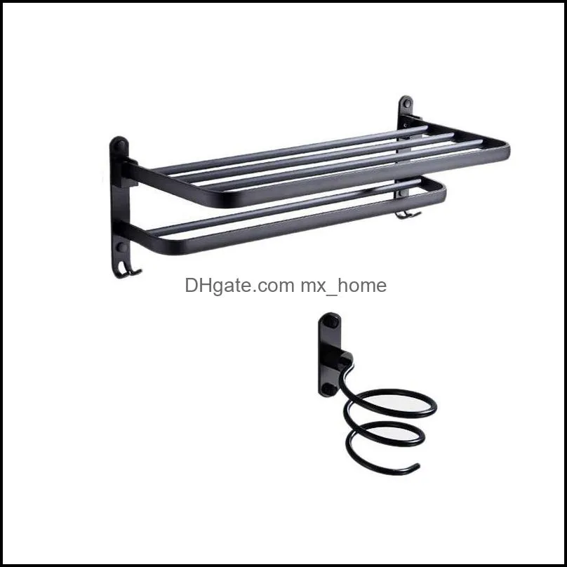 2PCS Aluminum Black Foldable Towel Holder Hair Dryer Holder Set Towel Shelf Wall Mounted Bathroom Rack