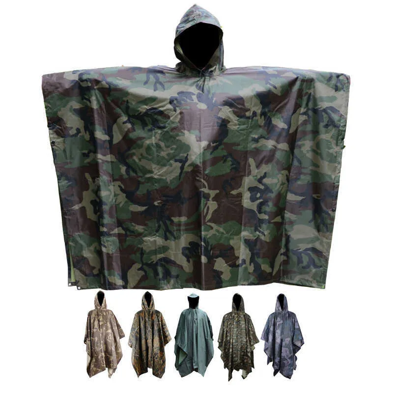 Outdoor Militter Tactical Rain Poncho Wodoodporny Kamuflaż Rain Płaszcz Camo Sun Shelter Arkusz ziemi Tarp do namiotu kempingowego markiza Y0706