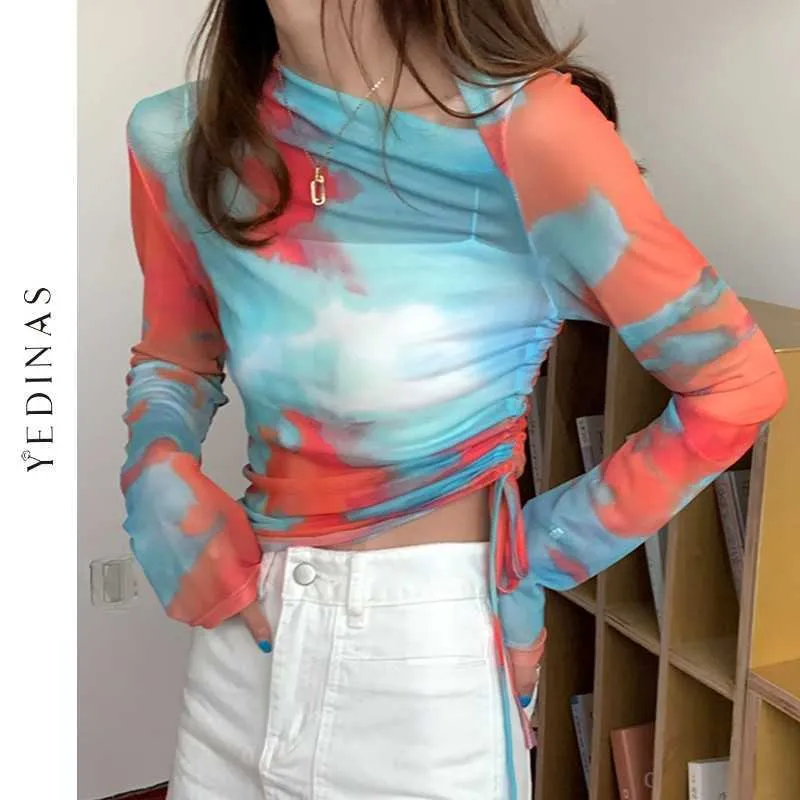 Yedinas Spring Mesh Tops Femmes T-shirt à manches longues T-shirt asymétrique T-shirt Abstraction Imprimer Voir à travers les vêtements supérieurs 210527