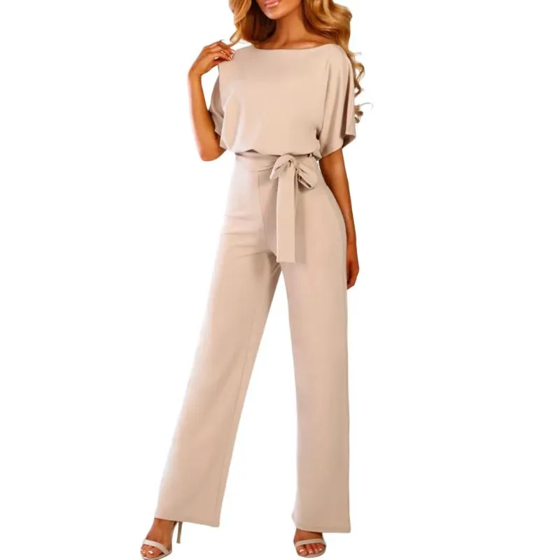 Women's Jumpsuits & Rompers Summer Clothes For Women Short Sleeve Solid Playsuit Clubwear Straight Leg Jumpsuit Loose With Belt C0415