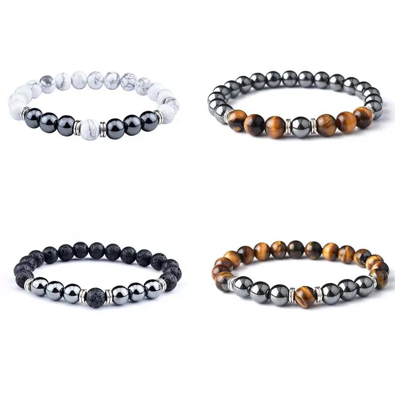 Bracelets en pierre naturelle pour hommes et femmes, brins faits à la main, breloques perlées, fête, Club, anniversaire, bijoux de Yoga plaqués argent, 8mm