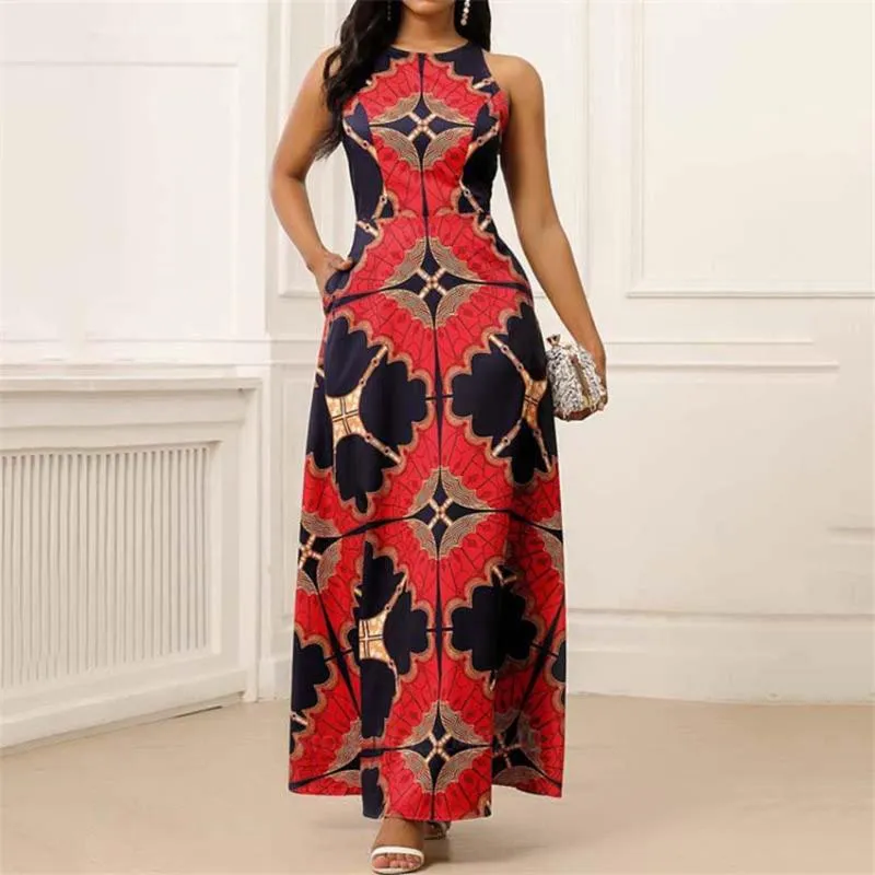 Etniska Kläder Afrikanska kläder för kvinnor Dashiki Print Dress European Plus Storlek Bazin Rich Ärmlös Mode Rund Neck Maxi Vestido