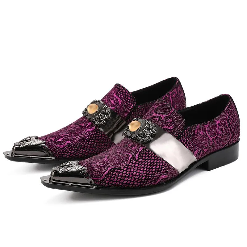 Design hommes chaussures tête de fer pointu chaussures habillées en cuir violet hommes personnalité fête et mariage Zapatos Hombre