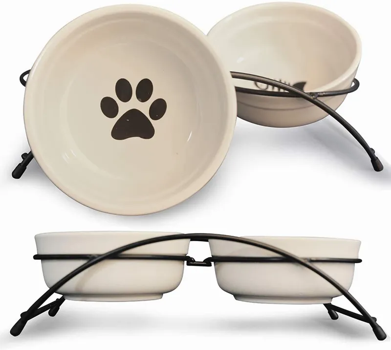 Cat Pet Personalized Feeder Double Ceramic Cat Dog Bowl Dishes Elevated Food Water Bowls Metal Raised Antiskid StandBeige2 Bowls