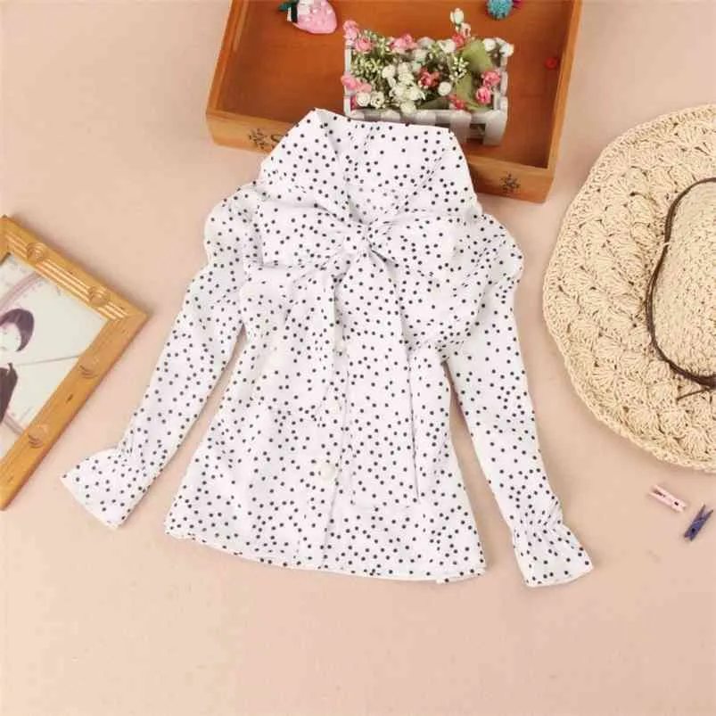 Herbst Chiffon Bluse für Mädchen Langarm Tops Koreanische Kinder Kleidung Schule Mädchen Weiß Dot Shirts Bogen Patten Kleidung 210622
