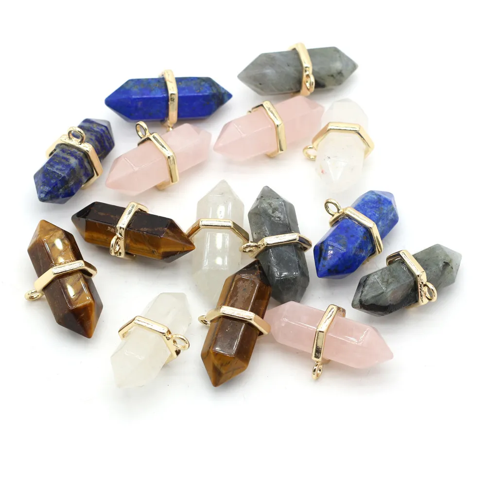 Natural Stone Hexagon Charms Rose Quartz Healing Reiki Crystal Pendant DIY Necklace Earrings Women Fashion Jewelry Finding 17x35mm