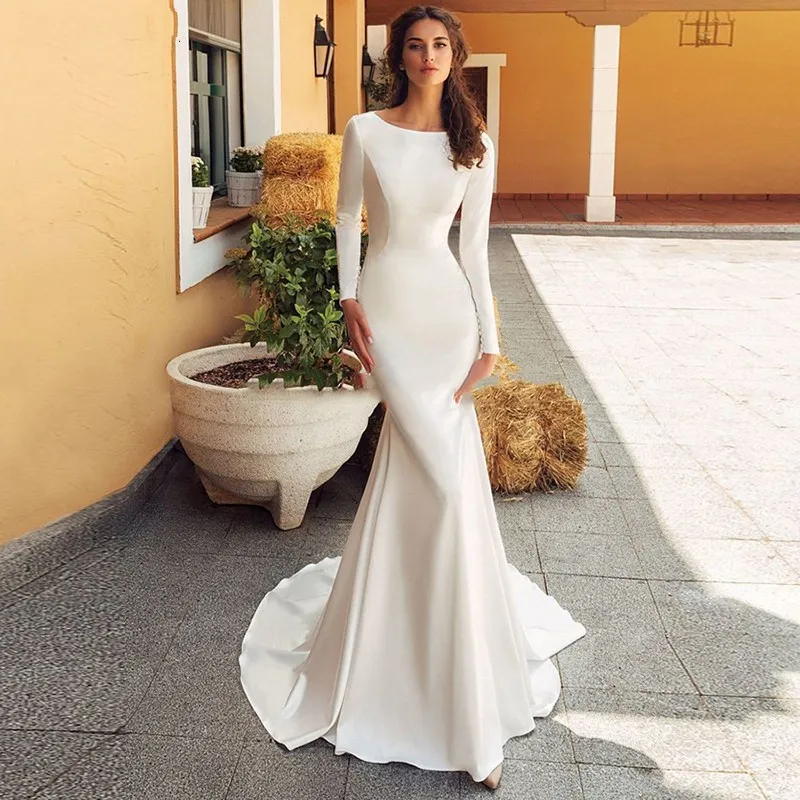 Sjöjungfrun bröllopsklänning 2021 satin långärmad vestido de noiva spets brudklänningar med romantiska knappar295a