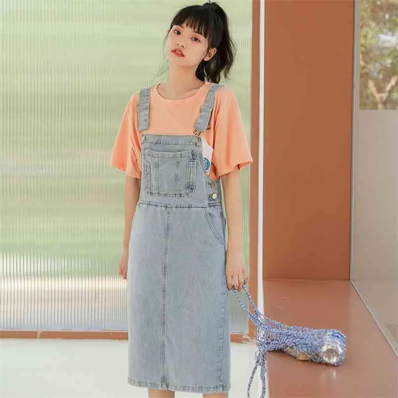Опрятный стиль регулируемый ремешок Джинсовые платья Летние карманы на коленях, повседневная свободное синее голубое платье MIDI корейская a-line джинсовая сарафана 210604