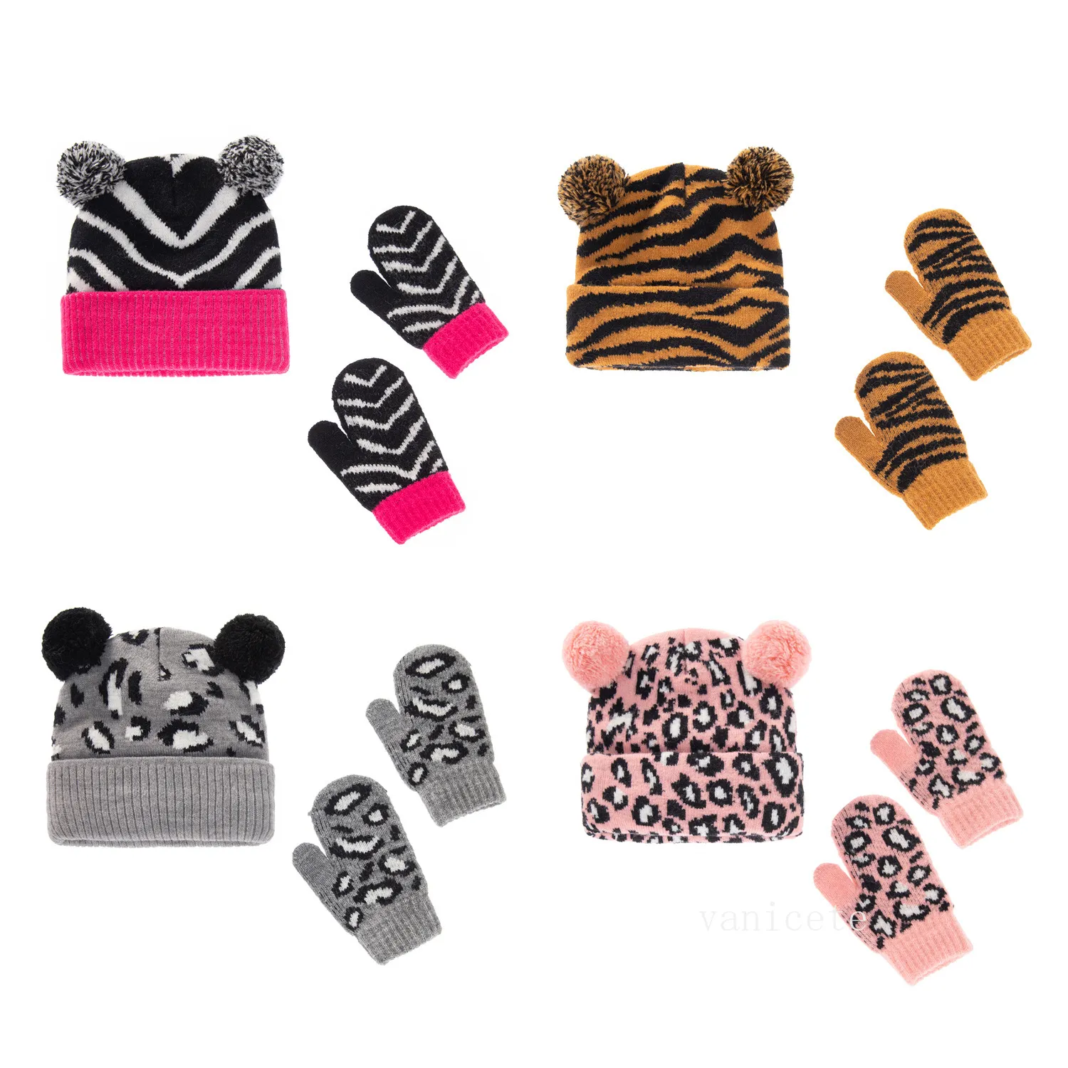 Party Hats Leopard Print Children's Hat Handschoenen Set Warm Feestelijke Schedel Caps Christmas Baby Gebreide Hoed T2i52978