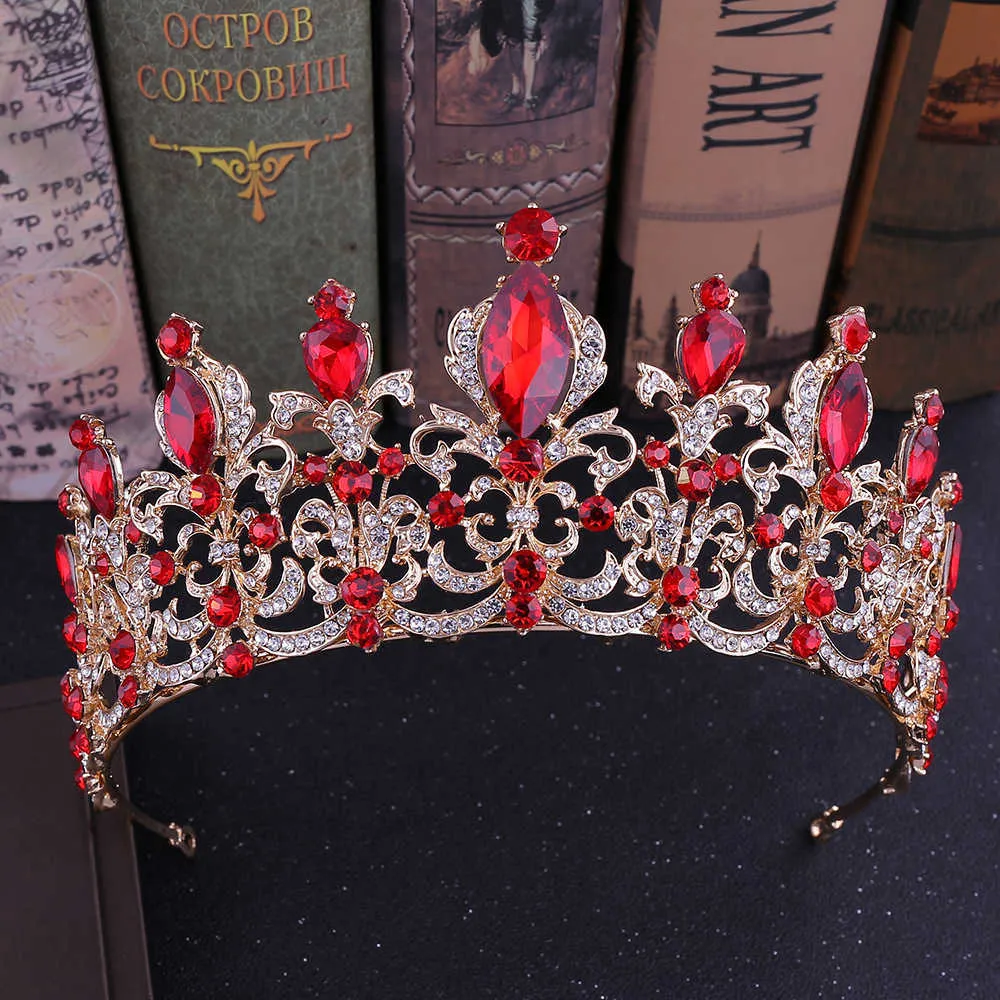 KMVEXO Czerwony Czarny Kryształ Ślub Tiara Korona Bridalowa Dla Bride Gold Crowns Pałąk Biżuteria Akcesoria do włosów 210616