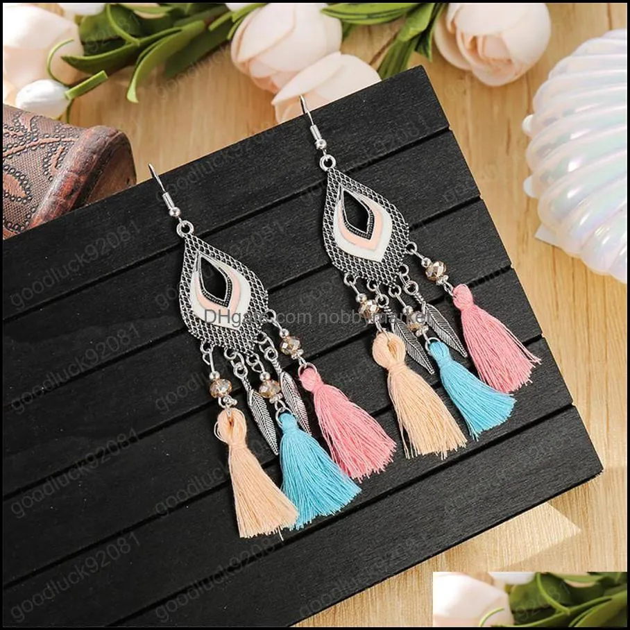 Retro hollow water drop crystal tassel rice beads long earrings female European and American ethnic style earrings bohemian jewelry
