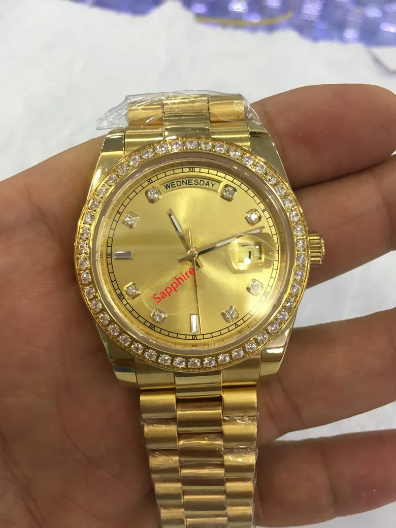 럭셔리 패션 시계 고품질 18K 옐로우 골드 다이아몬드 다이얼 베젤 18038 시계 자동 남성 시계 손목 시계 오리지널 박스