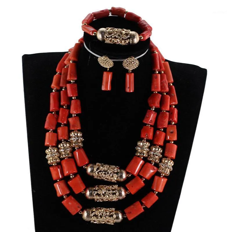 Earrings & Necklace Traditional Nigerian Wedding African Coral Beads Big Real Bead Jewelry Set Women Party Anniversary Gift ABG16