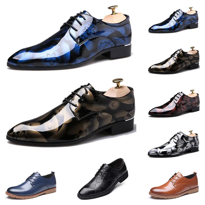 Gai Gai Gai Top 2022 Mens Leather Dress Shoes Printing Navy Bule Black Brow Oxfords Flat Office حفل زفاف جولة أخمص القدمين