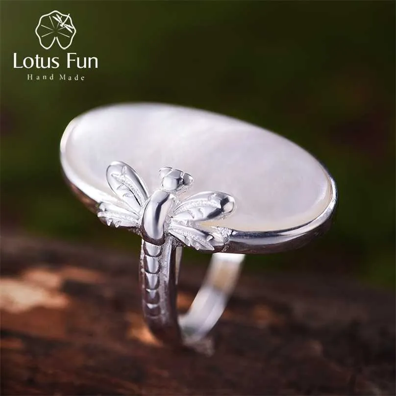 Lotus Fun Real 925 Sterling Silver Natural Shell Creativo fatto a mano Designer Fine Jewelry Vintage Anelli lunghi per le donne Bijoux 211217