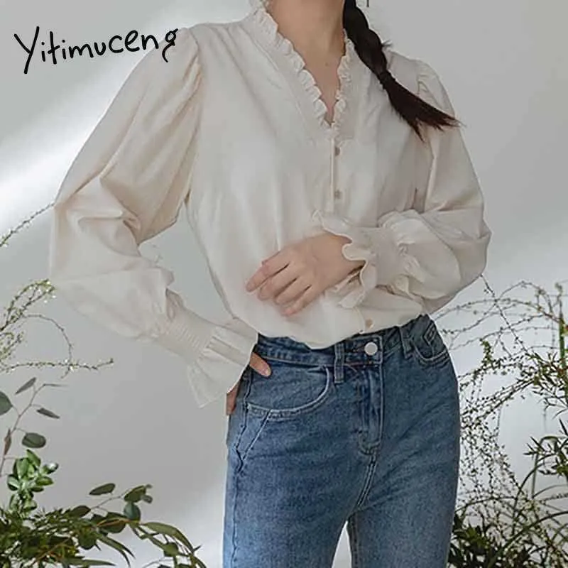 Yitimuceng Button Up Blus Kvinnor Oversize T Shirts Flare Ärm V-Neck Unicolor Sky Blue Beige Sommar Koreanska Mode Toppar 210601