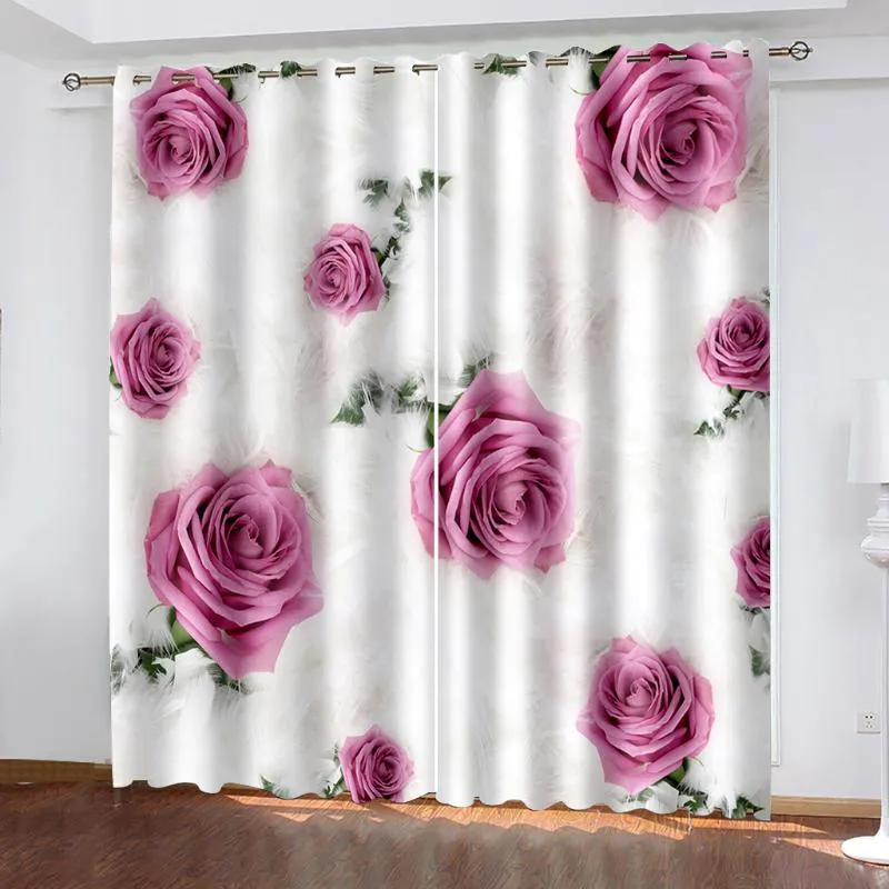 Curtain & Drapes Decoration 3D Pink Roses On White Background Curtains For Bedroom Living Room Polyester