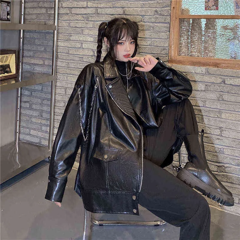 Chic Japanese Fashion Oversized Leather Coat Moto Jacket