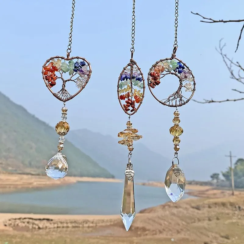Pendant Necklaces Ly 3 PCS Handmade Suncatcher Wire Wrapped Stone Necklace Hanging Ornament With Crystal Drop Prism For Home Car DO99