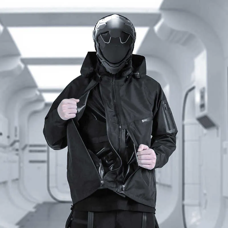 SILENSTORM Techwear Hommes Capuche Amovible Noir Veste Imperméable Coutures Étanches Hip Hop Style Punk Mode 211011