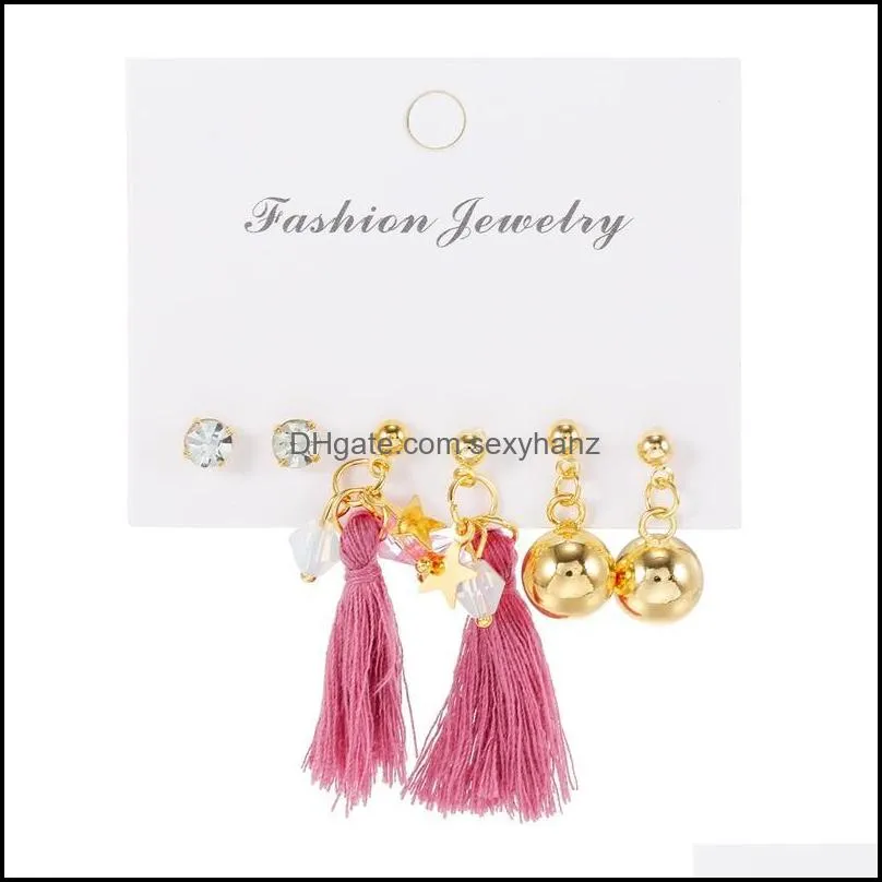 Earrings & Necklace 3 Pairs Set For Women Korean Cute Stud Earring Round Circle Hoop Ethnic Tassel Lady Jewelry LX138