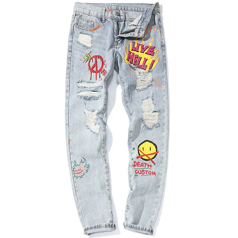 2021 Kot Erkekler Punk Serin Grafiti Denim Pantolon Erkekler Kırık Delik Pantolon Sevimli Mektup Baskı Kot High Street Casual Streetwear X0621