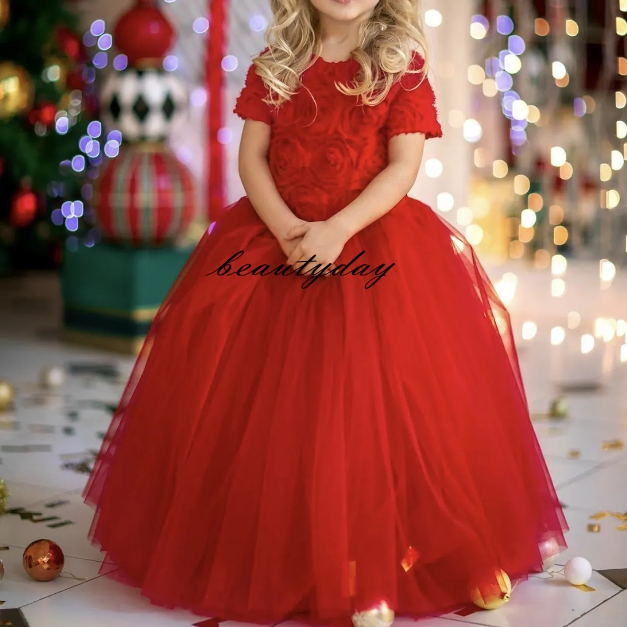 2021 New Floral Flower Girls' Dresses for Wedding Kids Formal Wear 3D Rose Flower Short Sleeves Full Length Zipper Back Birthday Party