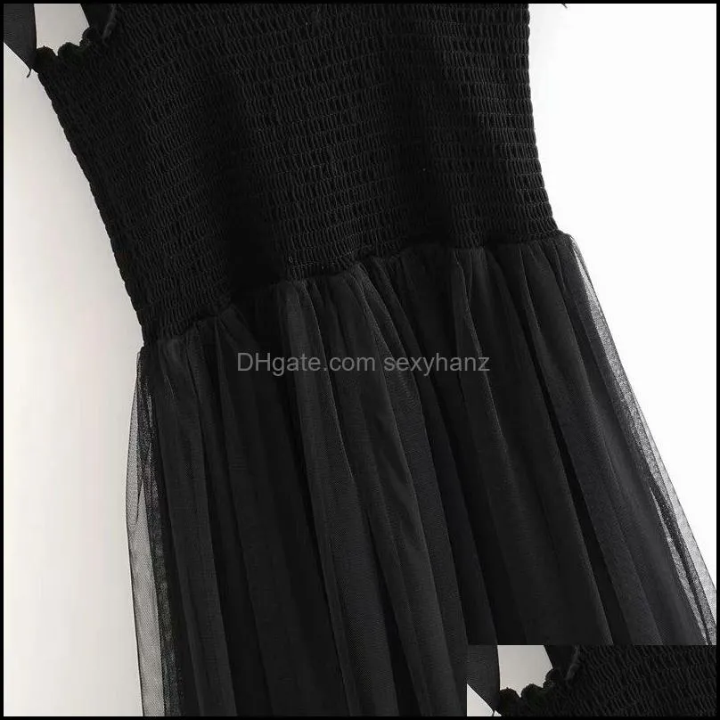 Casual Dresses 2021 Women Sexy Bow Tied Strap Mesh Patchwork Black Sling Dress Ladies Elastic Slim Chic Vestido Party DS3798