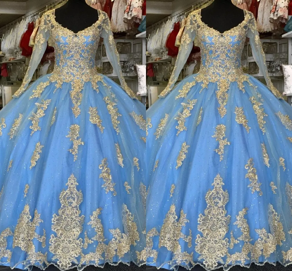 Robes de Quinceanera bleu clair or avec manches longues 2021 chérie appliques dentelle robe de bal douce 16 filles 15 fille Graduation fête robes de bal