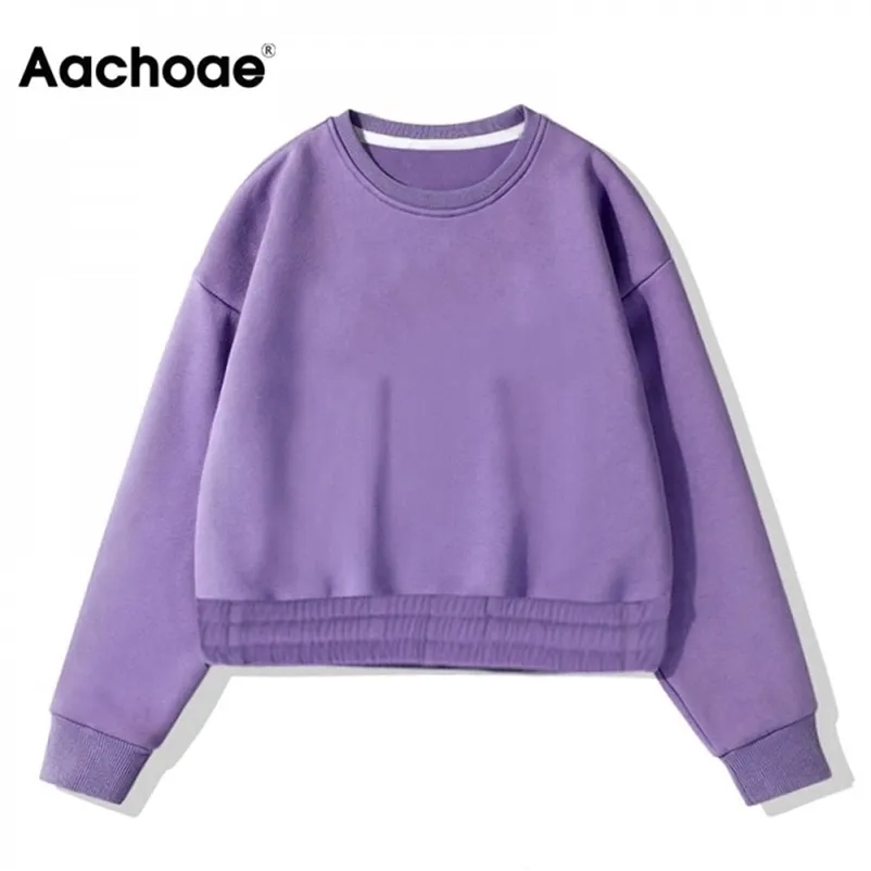 Aachoae Höst Winter Cropped Sweatshirt Kvinnor Batwing Långärmad Pullover Topp Kvinna O Neck Fleece Hoodies Sudaderas 201126