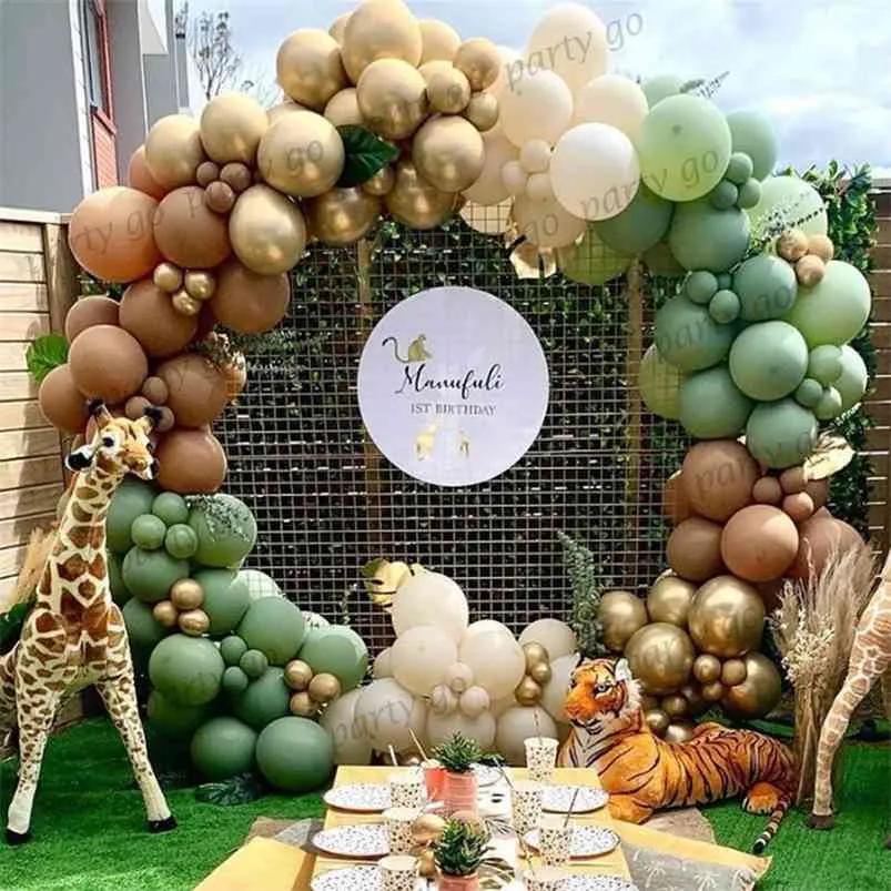 147 sztuk Retro Zielony Avocado Lateks Balony Garland Metaliczne Złoto Globos Jungle Theme Baby Shower Kids Birthday Party Decor 210719