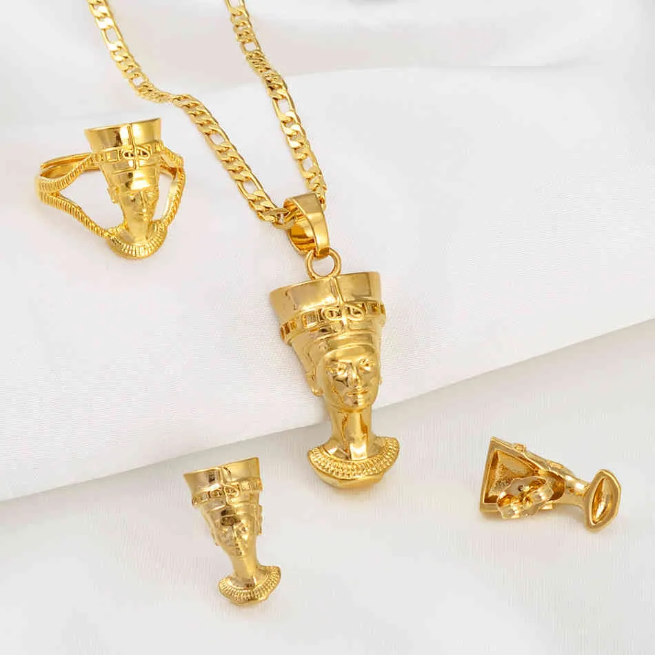 Anniyo reine égyptienne néfertiti ensembles pendentif collier boucles d'oreilles bague culture traditionnelle africaine bijoux cadeaux #244206