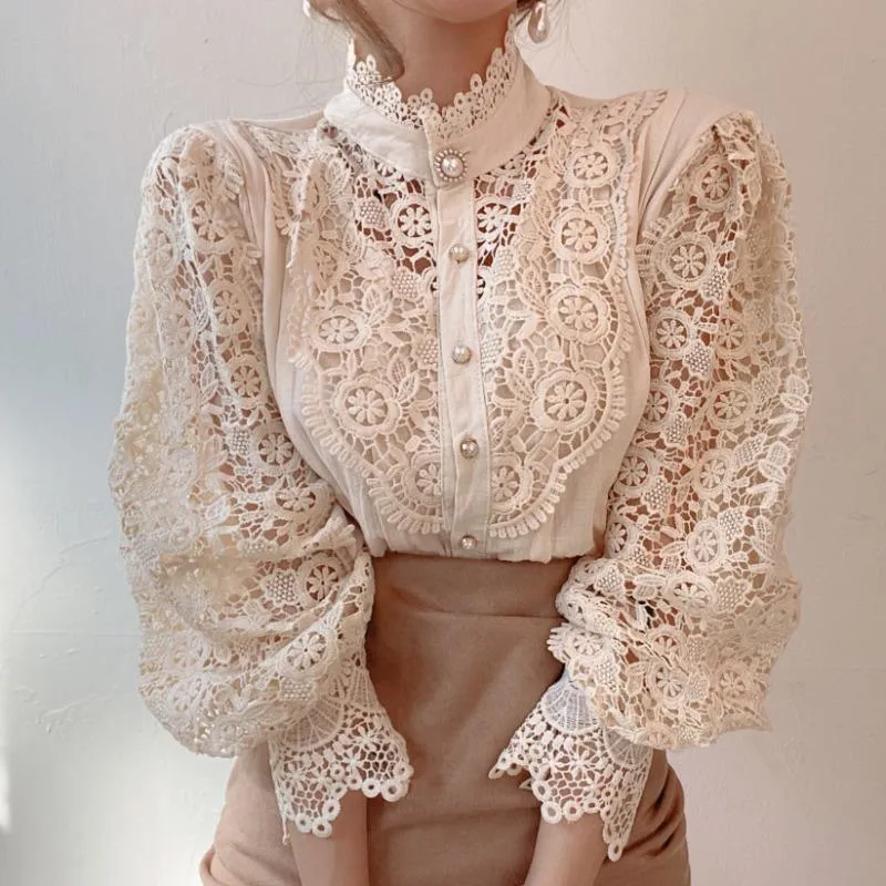 Women's Vintage Lace Hollow Out Blouse, Stand Collar Puff Sleeve Single-Breasted Female Fashion Top, Blouses Autumn