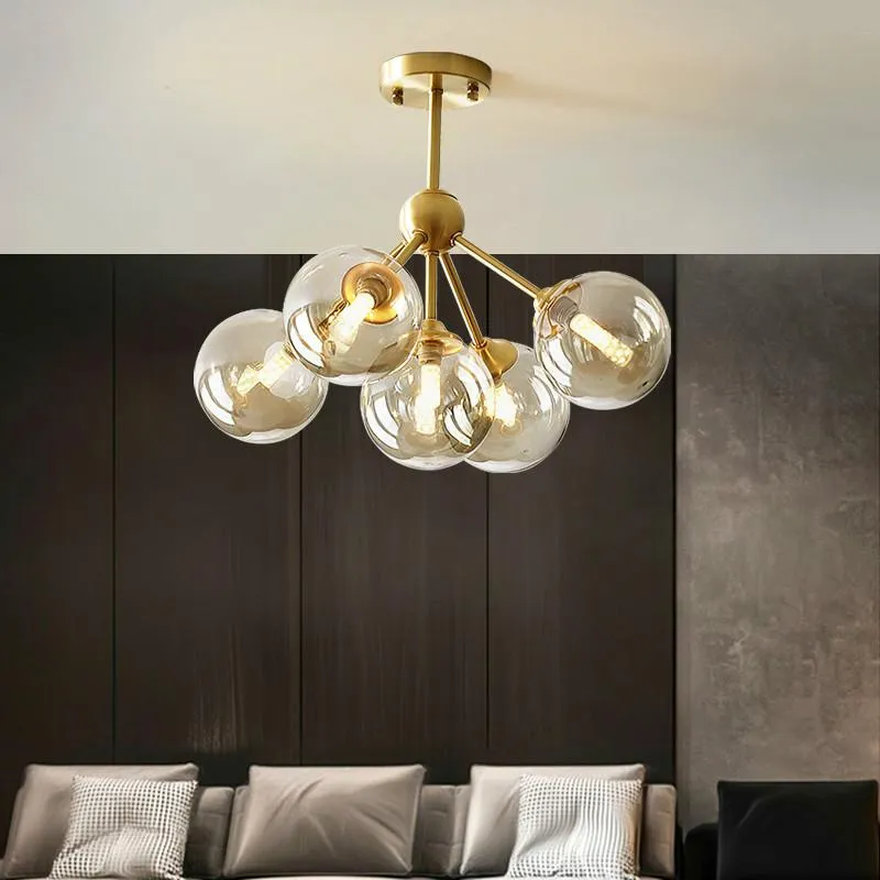 Chandeliers Nordic LED Cobre Chandelier G9 Rod Pendurado Luz Lustre Lustre Modern Lumines Amber Glass Indoor