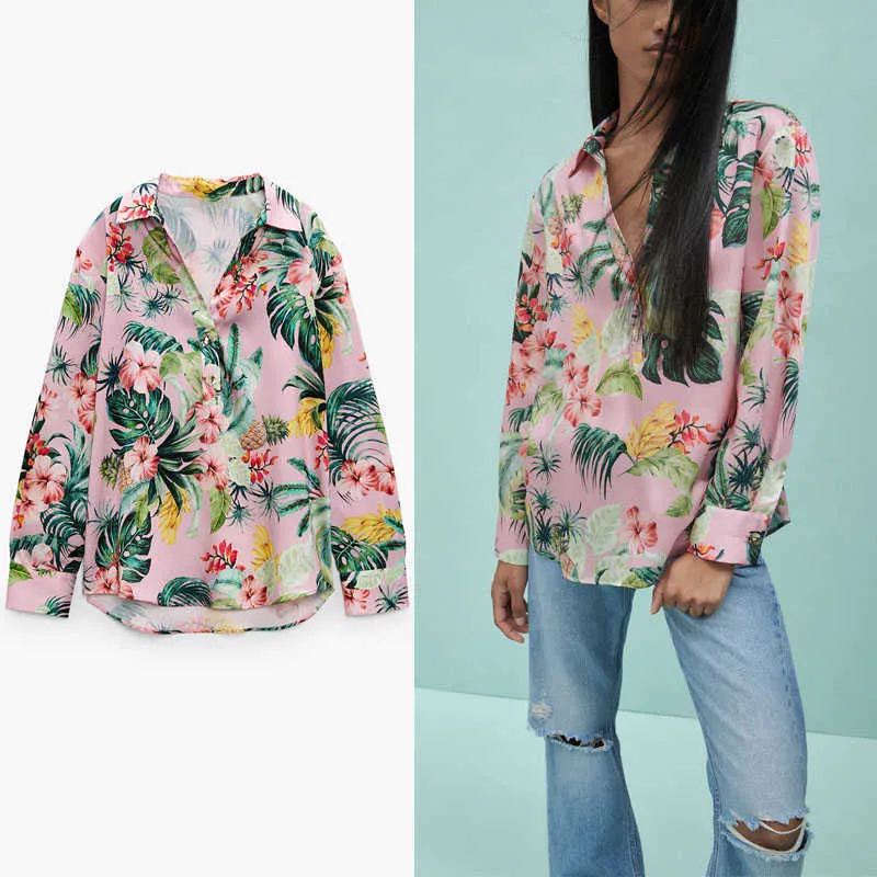 Za Tropical Print Shirt Kobiety Z Długim Rękawem Asymetryczne Koszule Letnie Kobiety Moda Przycisk Up Vintage Bluzka Casual Top 210602