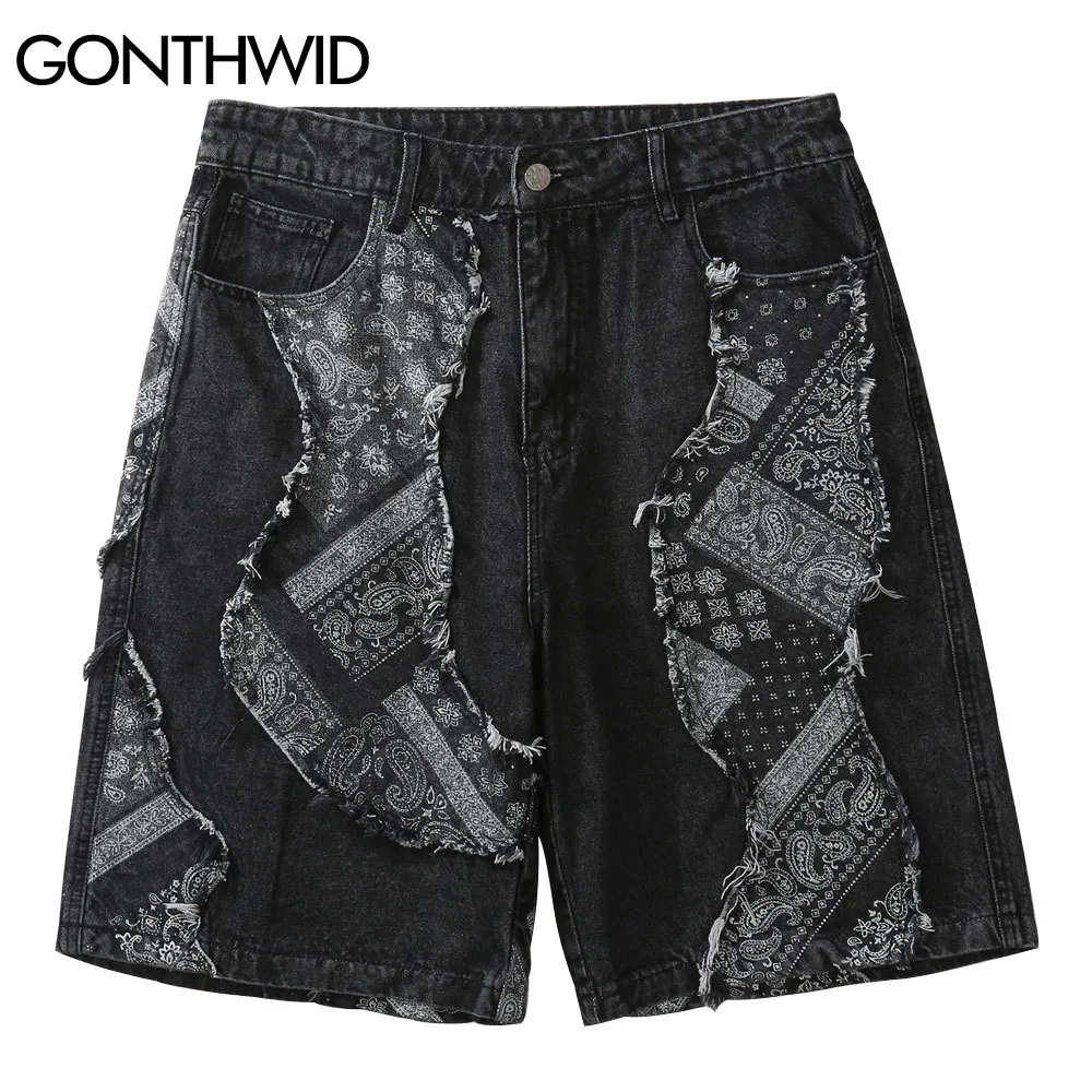 Gonthwid denim shorts bandana paisley padrão patchwork short jeans streetwear hip hop huajuku moda casual folgue folgado calça curta c0325