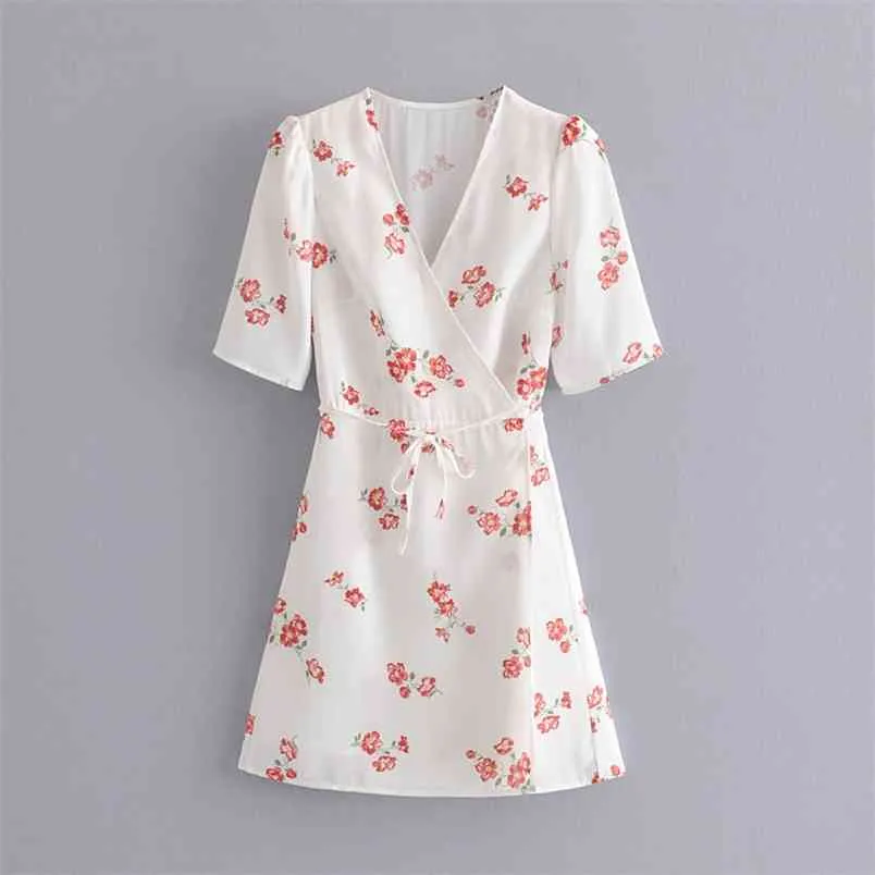 Vintage Floral Print Dress with Bow Sashes Summer Sexy Women V-Neck Mini Dresses Cute Girls Chic Vestidos 210531