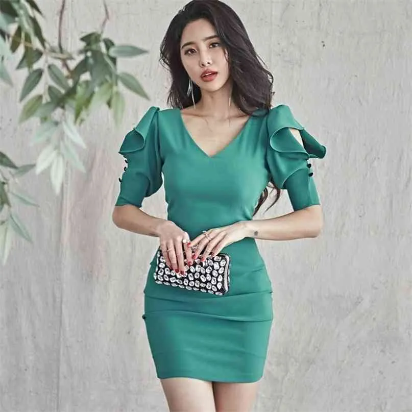 Puff Sleeve Sexig Mini Bodycon Party Dress Sommar Mode Kvinnor Kläder V Neck Slim Club Weath Sheath Pencil 210603