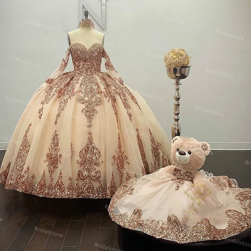 キラキラローズゴールドブルーキンセアニェーラドレス Vestido デ 15 アノスアップリケビーズスパンコールスイート 16 ドレスマスカレードウエディング誕生日パーティードレス