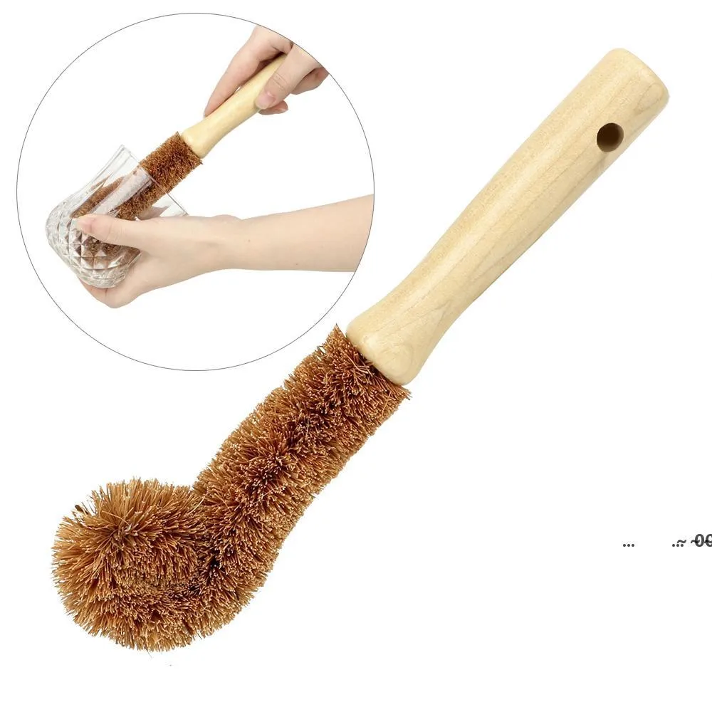 NOUVEAUWooden Cup Brush Outil de nettoyage de cuisine Manche long Fibre de noix de coco Marron Naturel Coco Poêle à frire antiadhésive Brosse à vaisselle EWA4727