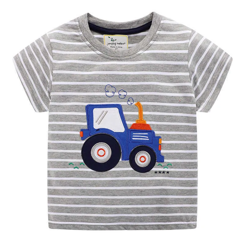 Hoppmätare Pojkar Bomullstoppar för sommar Barnkläder Säljer Stripe Applique Tractor Kids T Shirts 210529