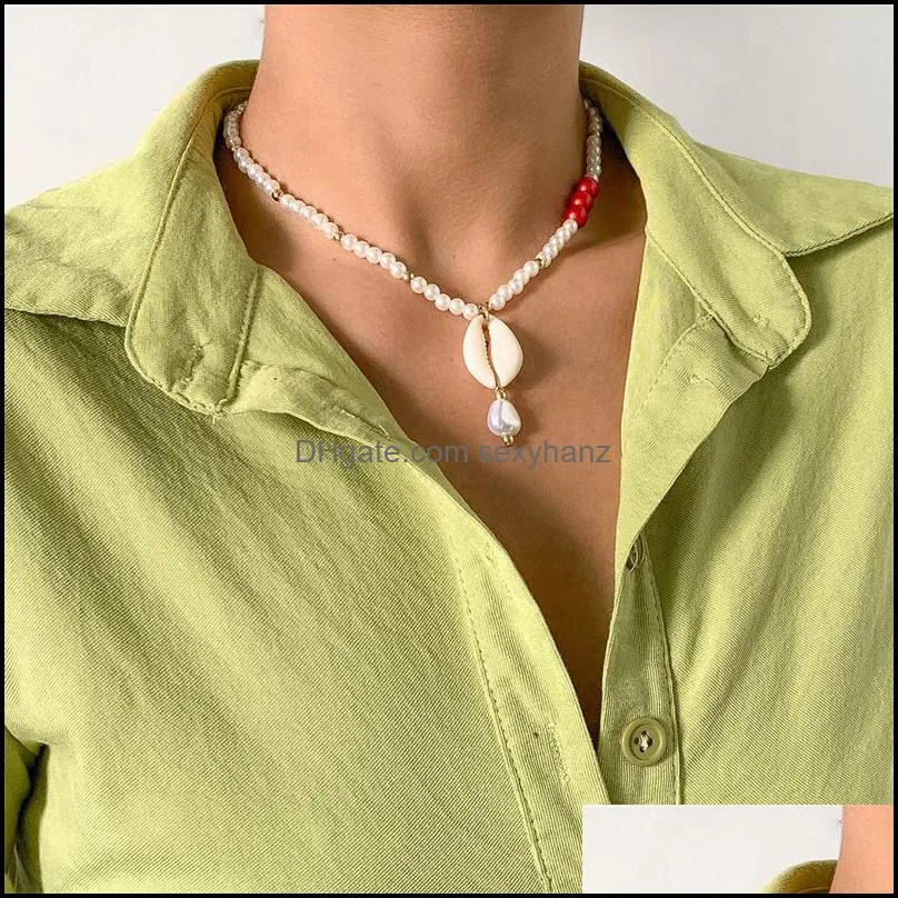 Yamog Imitation Pearl Shell Pendant Necklaces Vacation Style Women Mixed Beaded Clavicle Chains European Female Beach Party Woven Neck Jewelry Accessories