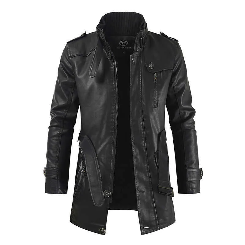 Mens Mid Length Leather Jacket: Stand Up Collar, Velvet Belt, Warm