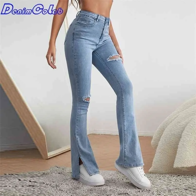 DenimColab High Waist Elastic Micro Flared Pants Jean Split Hole Skinny Pencil Casual Stretch Office Lady 210809