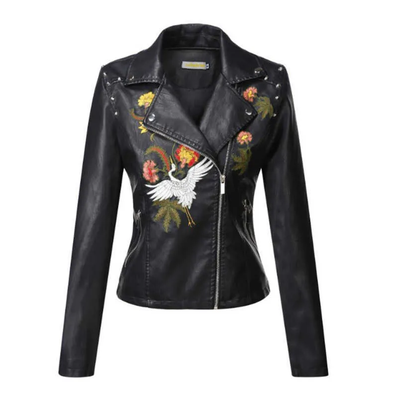 Autunno Fiori Ricamo Pu Giacca di pelle Donna Gira-giù il collare Rivetto Cerniera Nero Biker Cappotti Top Vestiti Ropa De Mujer 211011