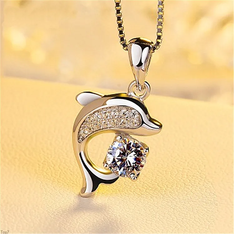 Crystal Womens Halsband Hängsmycke Dolphin Smycken Alla hjärtans present Silverpläterad Kärlek Dolphin Love Gold